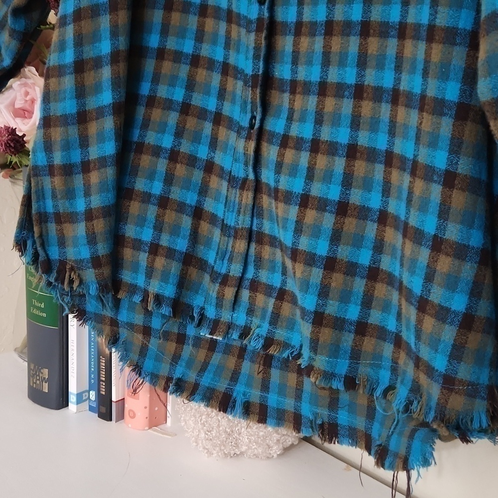 One 24 Rags Flannel Button Down Plaid Shirt Small Raw Hem Oversized Fall - Picture 4 of 12